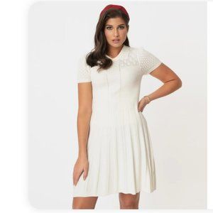 Unique Vintage  Ivory Knit Fit & Flare Sweater Dress